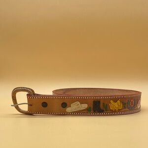 Vintage tan leather belt SouthWest theme - 0021KN